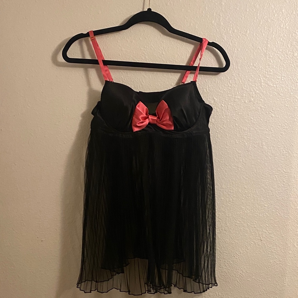 Black & Pink Satin Bow Babydoll Chemise - Women Intimates